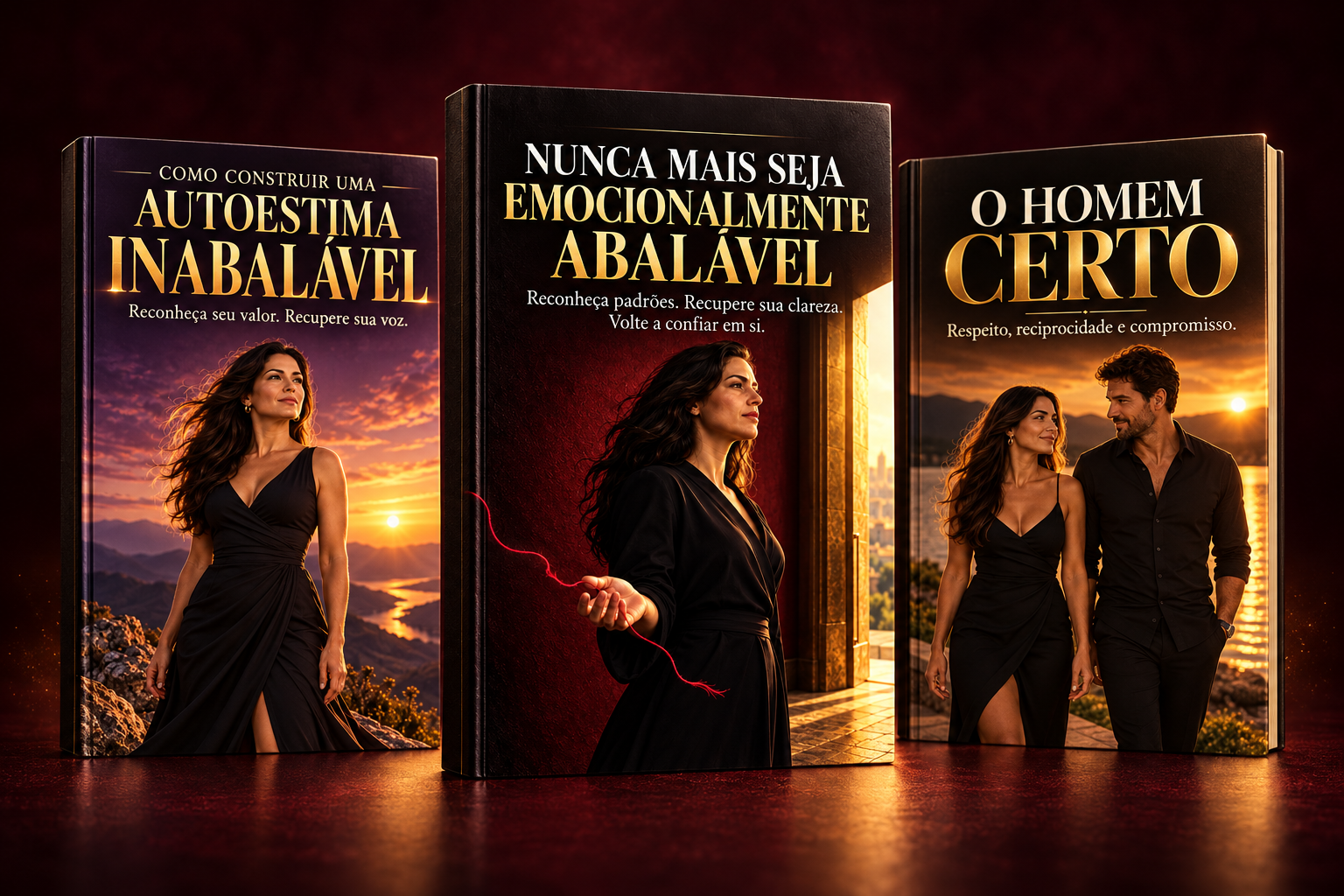 Os três ebooks da coleção lado a lado: Autoestima Inabalável, Nunca Mais Seja Emocionalmente Abalável e O Homem Certo